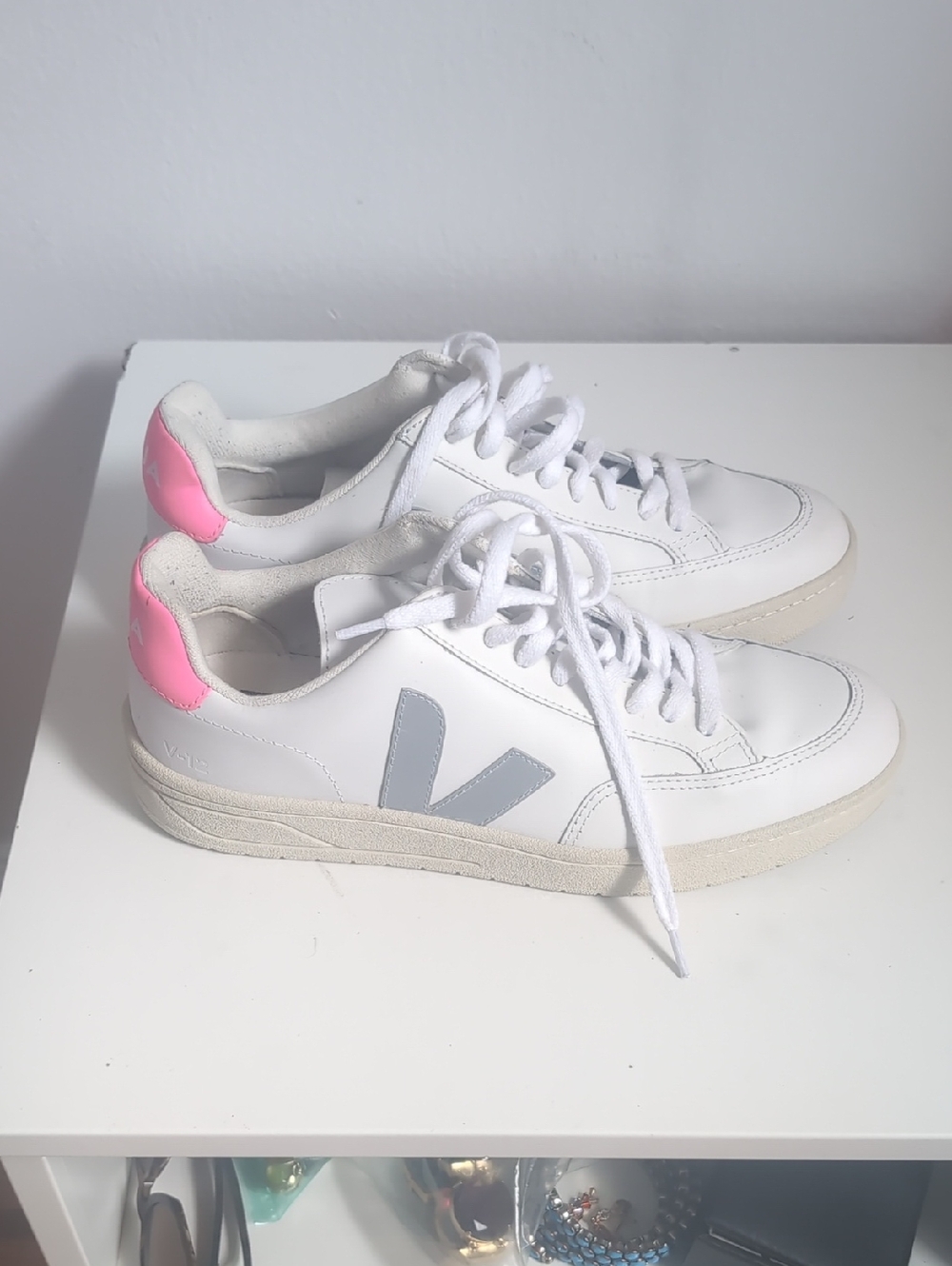 Veja White Leather Women's Sneakers with Pink Heel Accent USA Size 8
